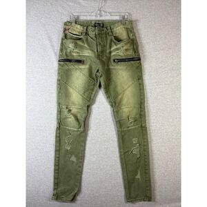 Square Zero Mens Moto Skinny Distressed Jeans Olive Green Biker Pants 32x31